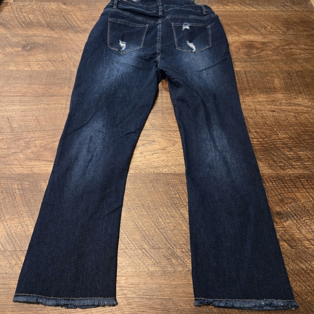 Denim Overalls Jeans Distressed Raw Hem Bootcut Dark Wash Cotton Stretch Farm S - Picture 6 of 13